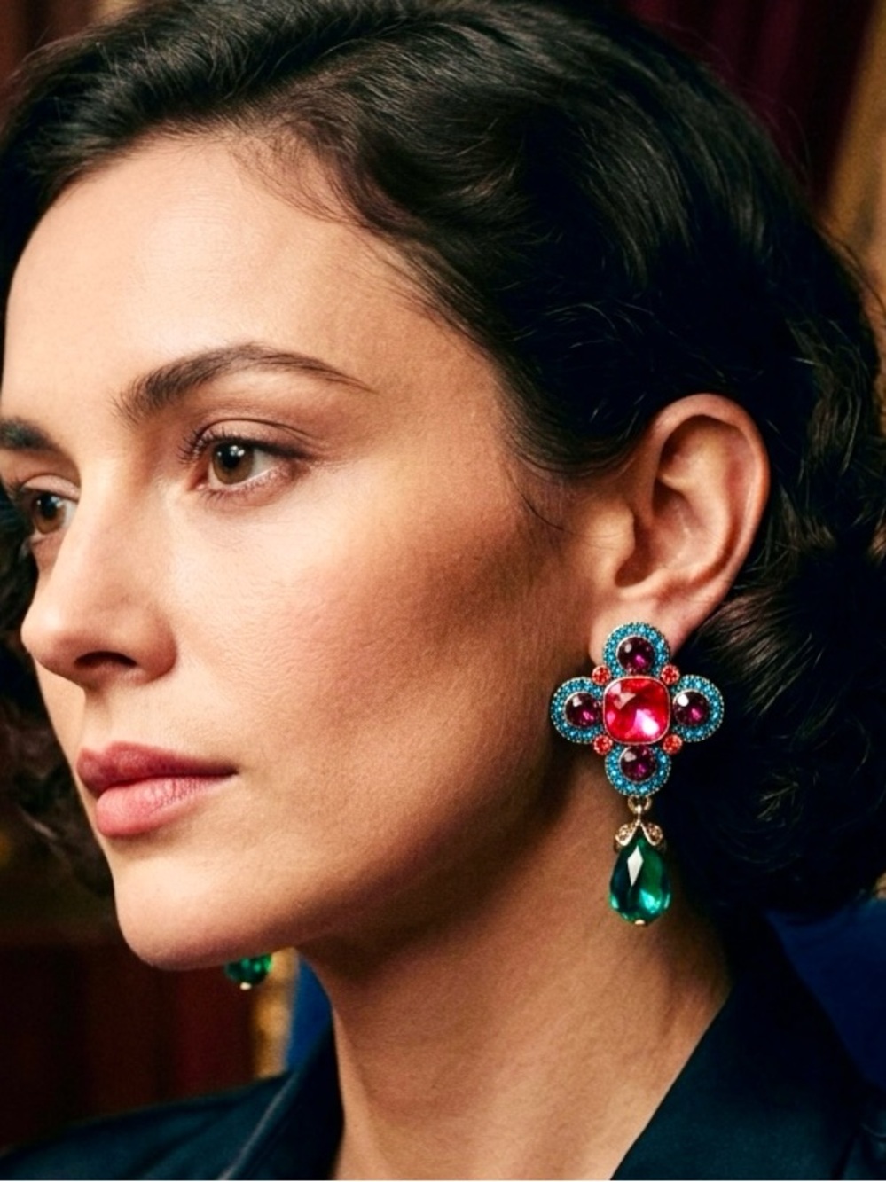 Ornate Crystal Drop Earrings | Red & Green Gem Statement | Vintage Glam
